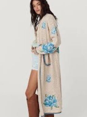 Spell Coastal Granny Maxi Cardigan Crochet Floral Embroidery Blue Ivory Size S